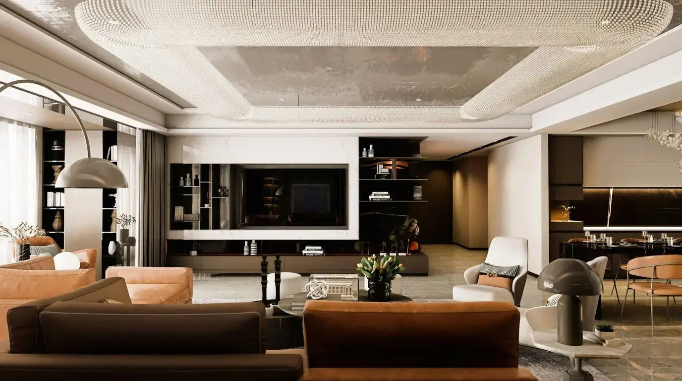 An open-plan living room in tan leather and pale stone under a ribbed plaster ceiling